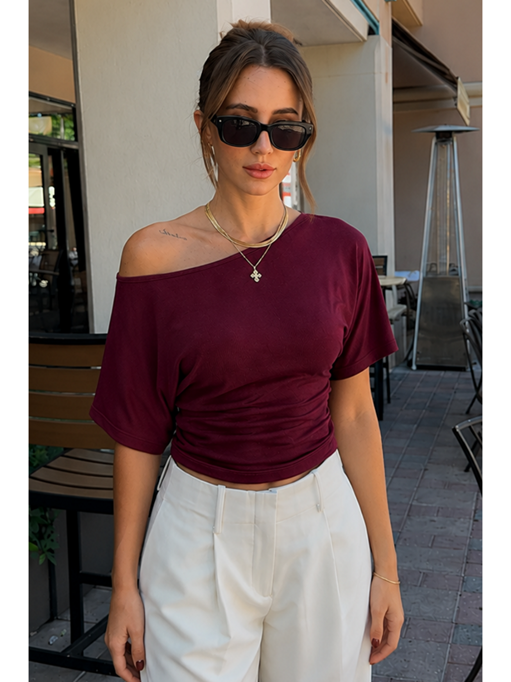 Kadın Omuz Detaylı Kayık Yaka Bordo Bluz-4