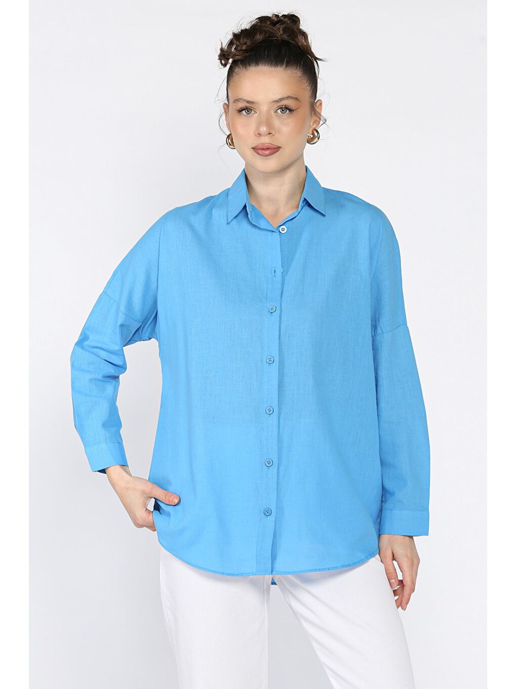 Mavi Kadın Uzun Kol Keten Gömlek