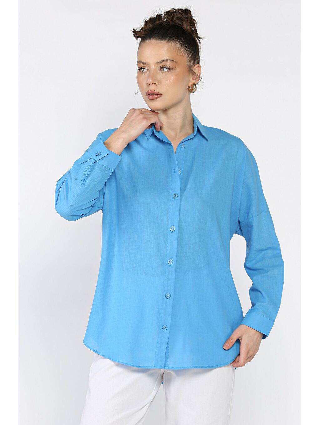 Mavi Kadın Uzun Kol Keten Gömlek-1