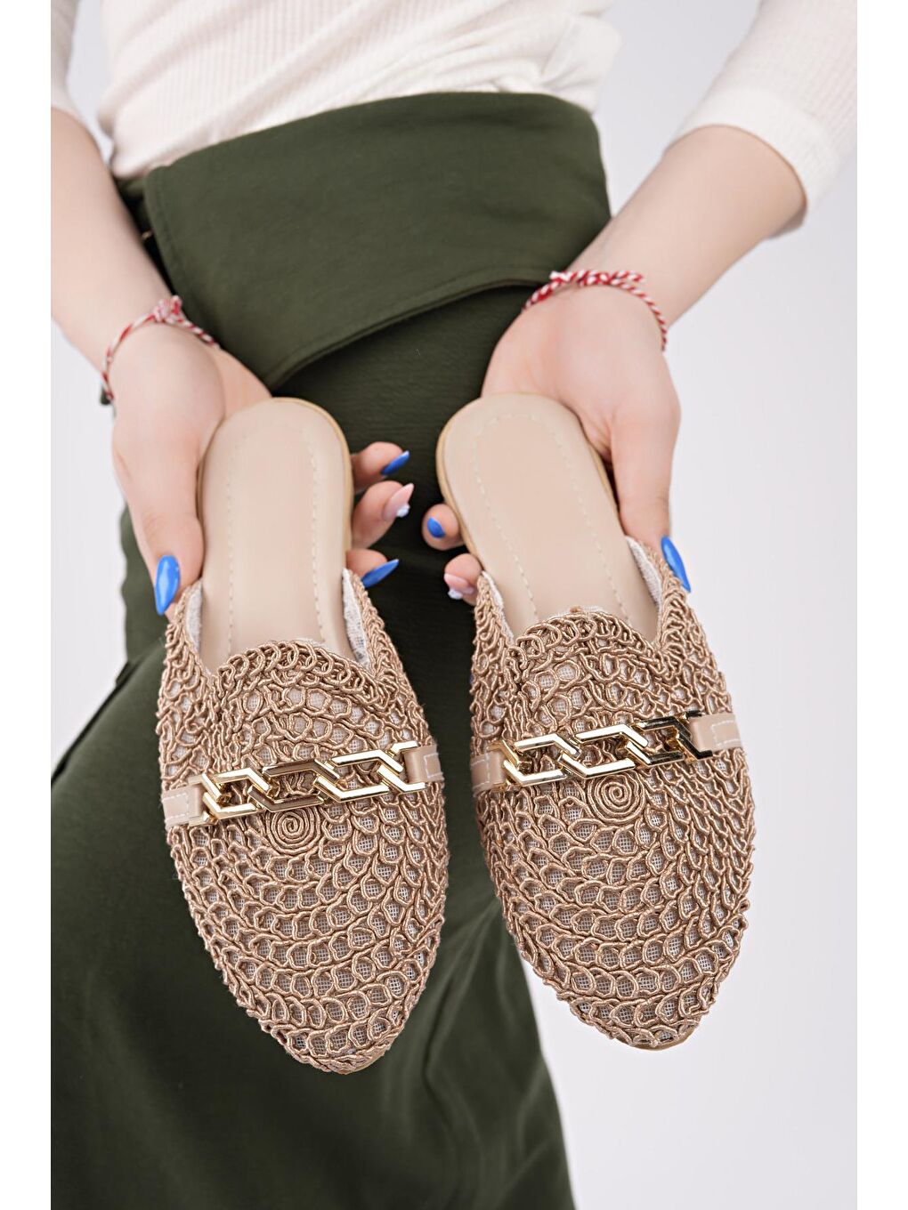 Bej HST-40 Tokalı Hasır Kadın Terlik Örgü Dış Mekan ve Ev Terliği-1