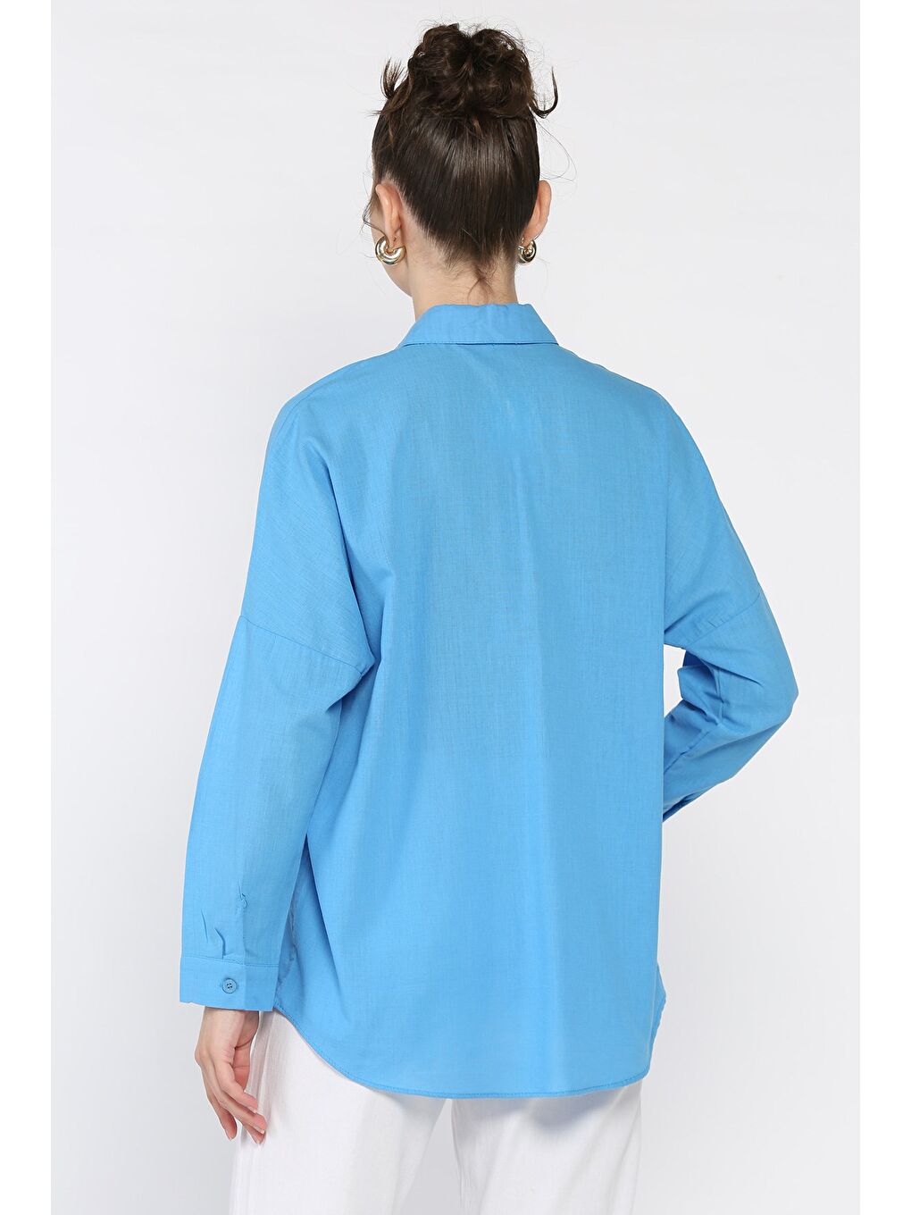 Mavi Kadın Uzun Kol Keten Gömlek-2