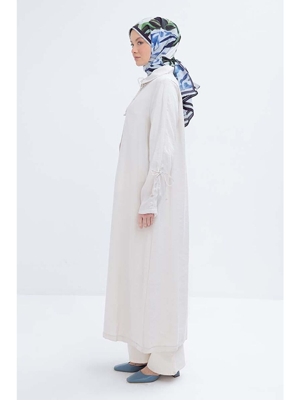 Bej Taş-Kolu Büzmeli Çıtçıtlı Modal Ferace-3