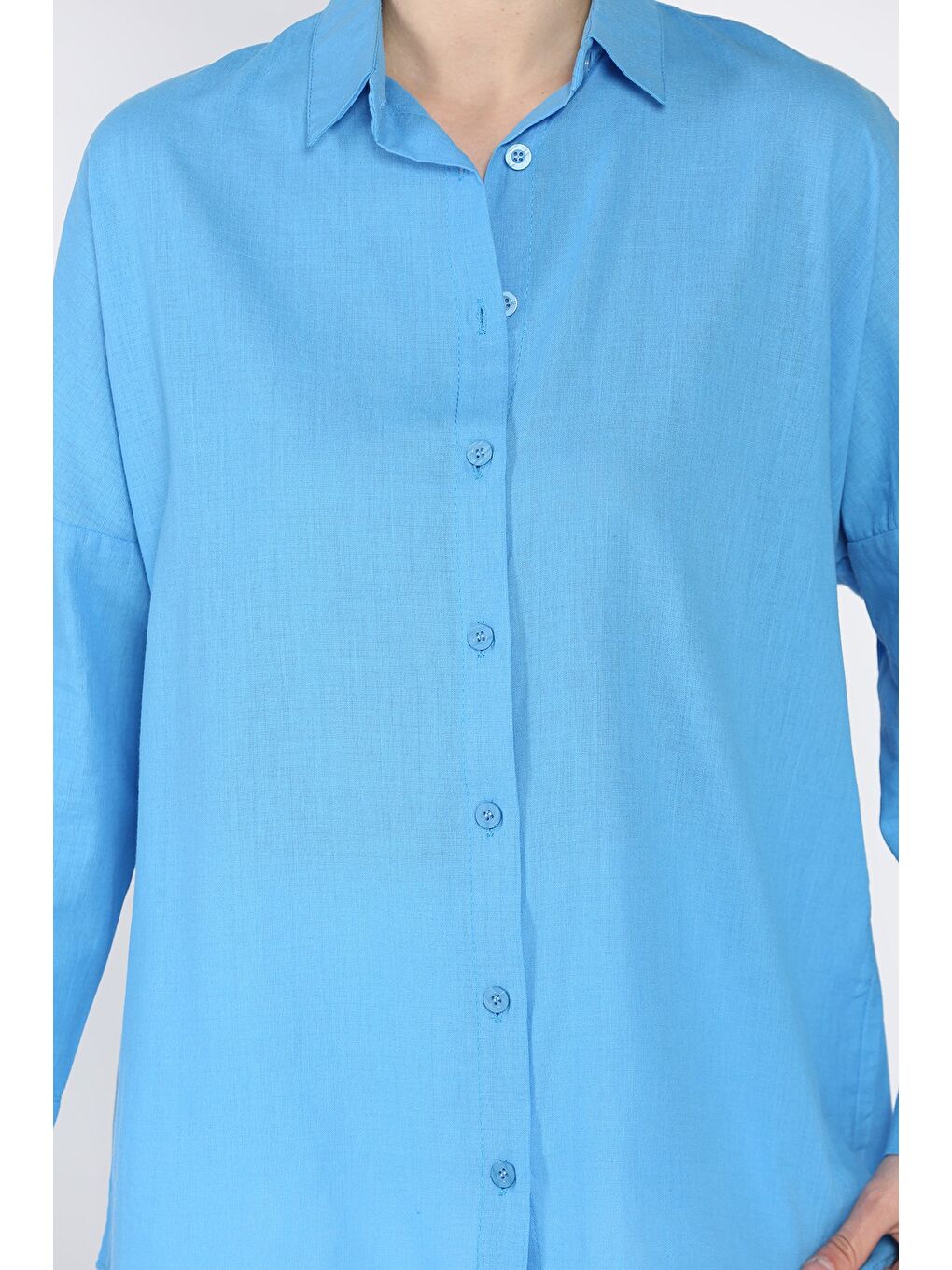 Mavi Kadın Uzun Kol Keten Gömlek-3