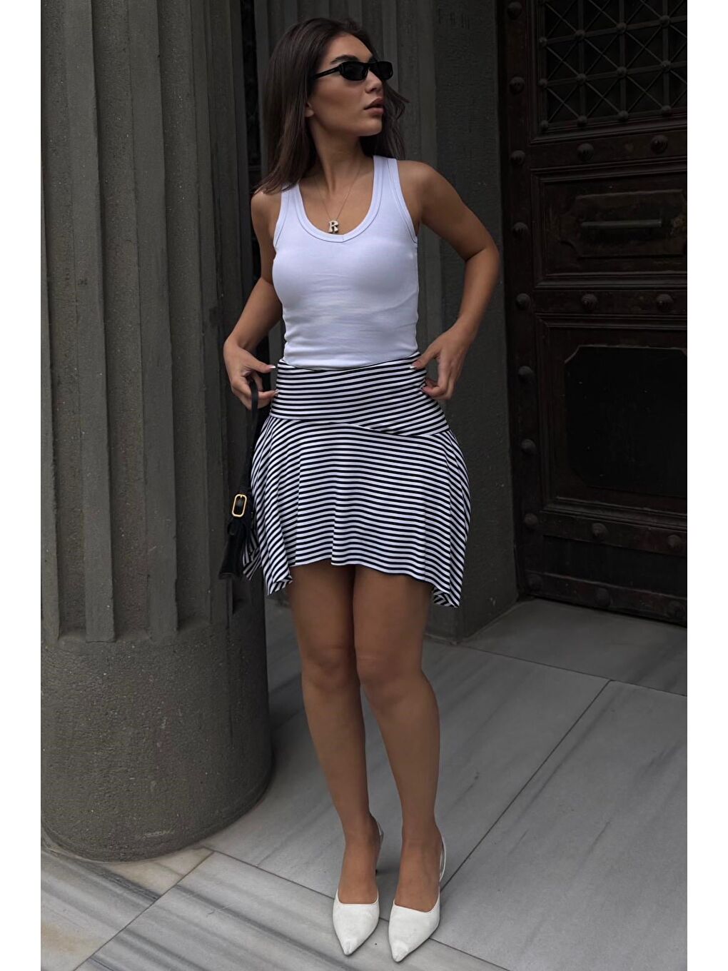 Siyah Çizgili Asimetrik Çizgili Etek Mg2698-3