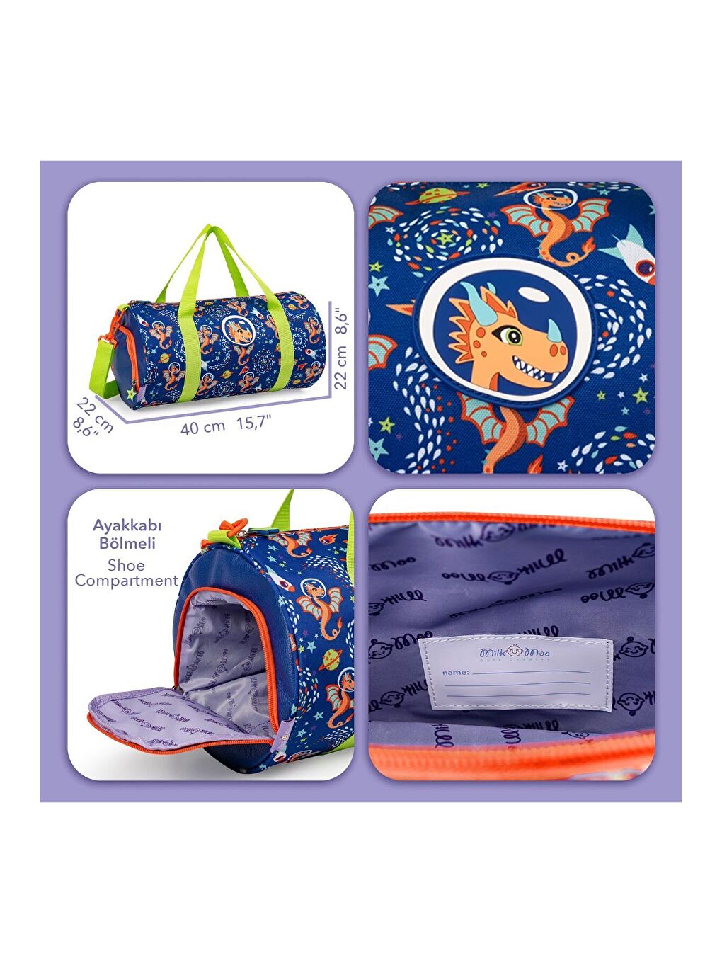 Mor Ponix Çocuk Spor Çantası Ayakkabı Bölmeli Ayarlanabilir Askılı-6