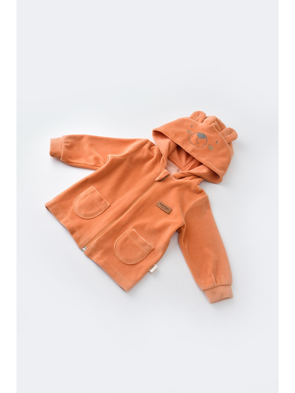 Turuncu Unisex Bebek Organik Kadife Ayıcık Kapüşonlu Alt-Üst Takım - Fermuarlı Sweat Pantolon-3