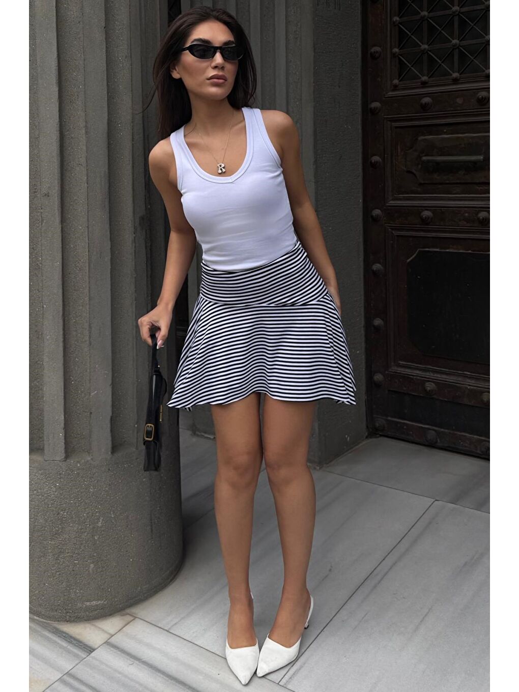 Siyah Çizgili Asimetrik Çizgili Etek Mg2698-4