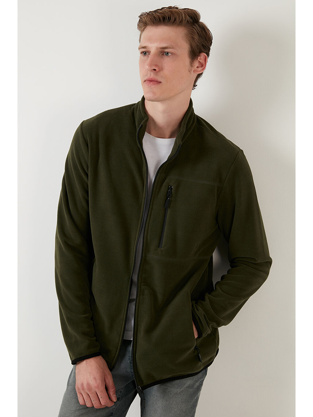 Haki Slim Fit Cepli Fermuarlı Anti-Pilling Tüylenme Yapmayan Soğuk Geçirmez Polar Hırka 5906028S1