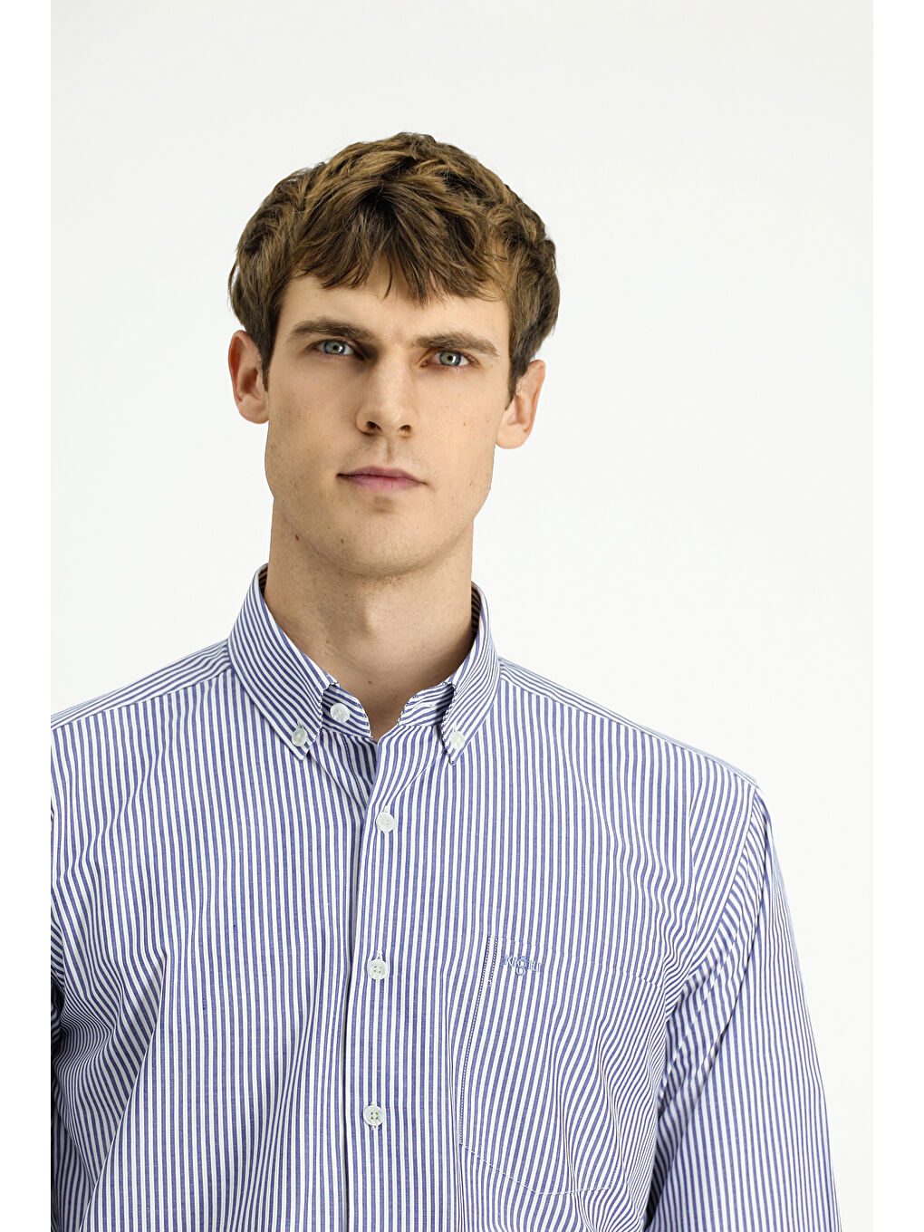 Lacivert Uzun Kol Regular Fit Çizgili Düğmeli Yaka Pamuklu Kolay Ütülenebilir Gömlek-2