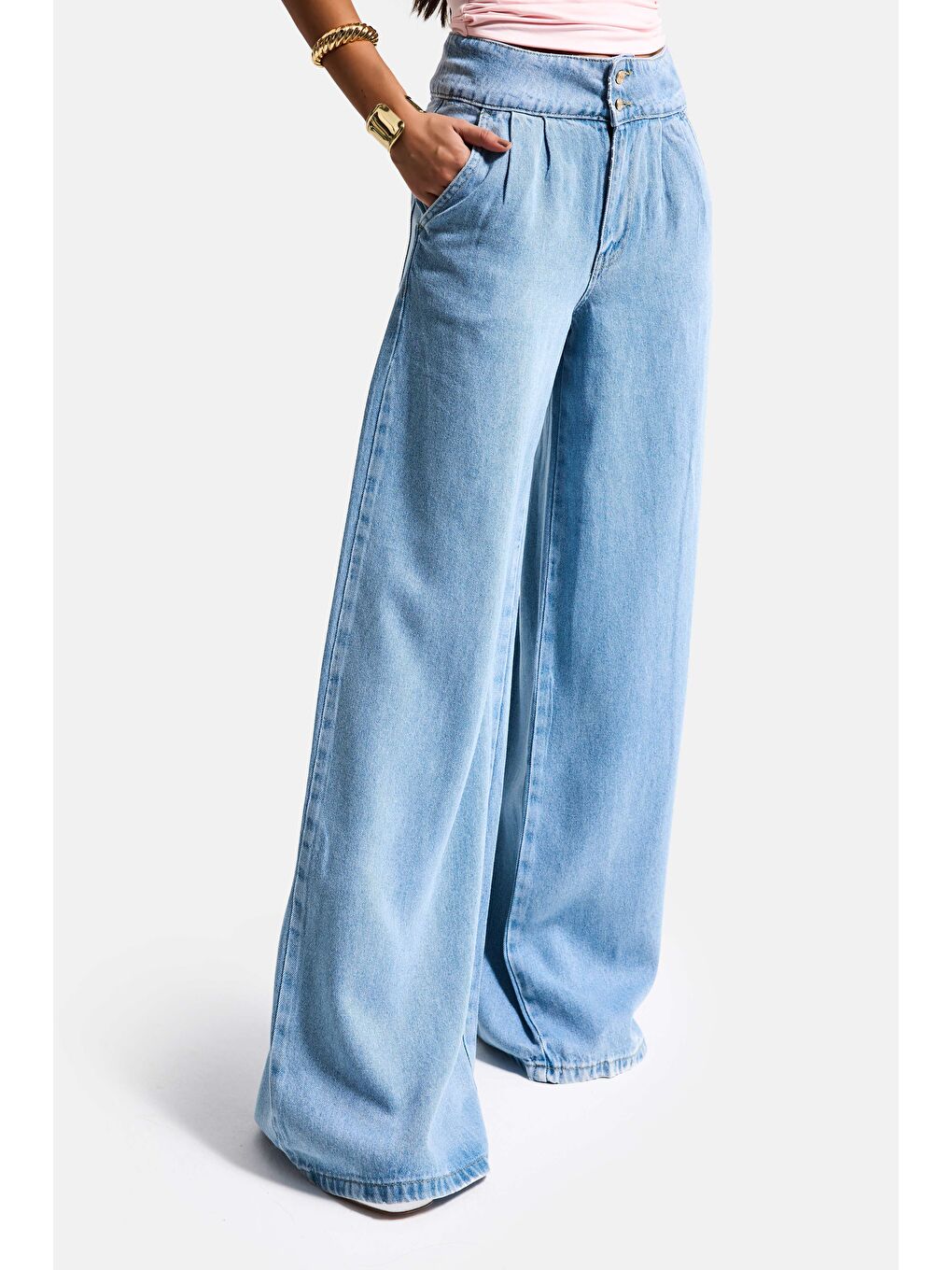 Kadın Mavi 1s6-3 Süper Palazzo Fit Viskon Özel Kumaş Dökümlü Denim Jean