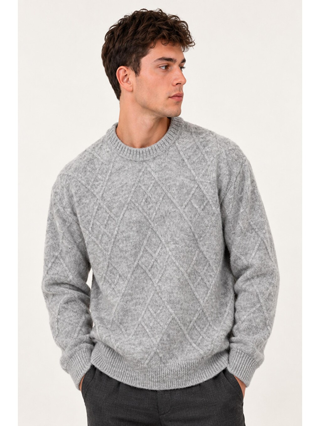 Gri Çapraz Desen Oversize Kışlık Kazak Dp 17567_10066