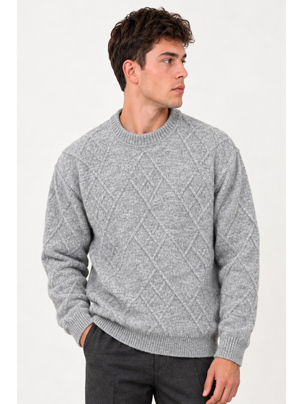 Gri Çapraz Desen Oversize Kışlık Kazak Dp 17567_10066-1