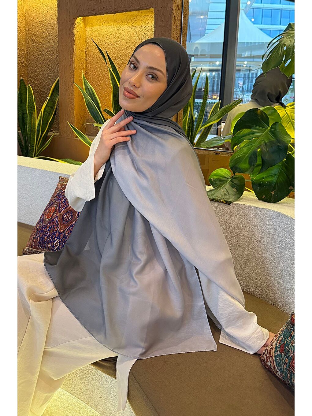 Gri Degrade Desen Soft Şal Füme-1