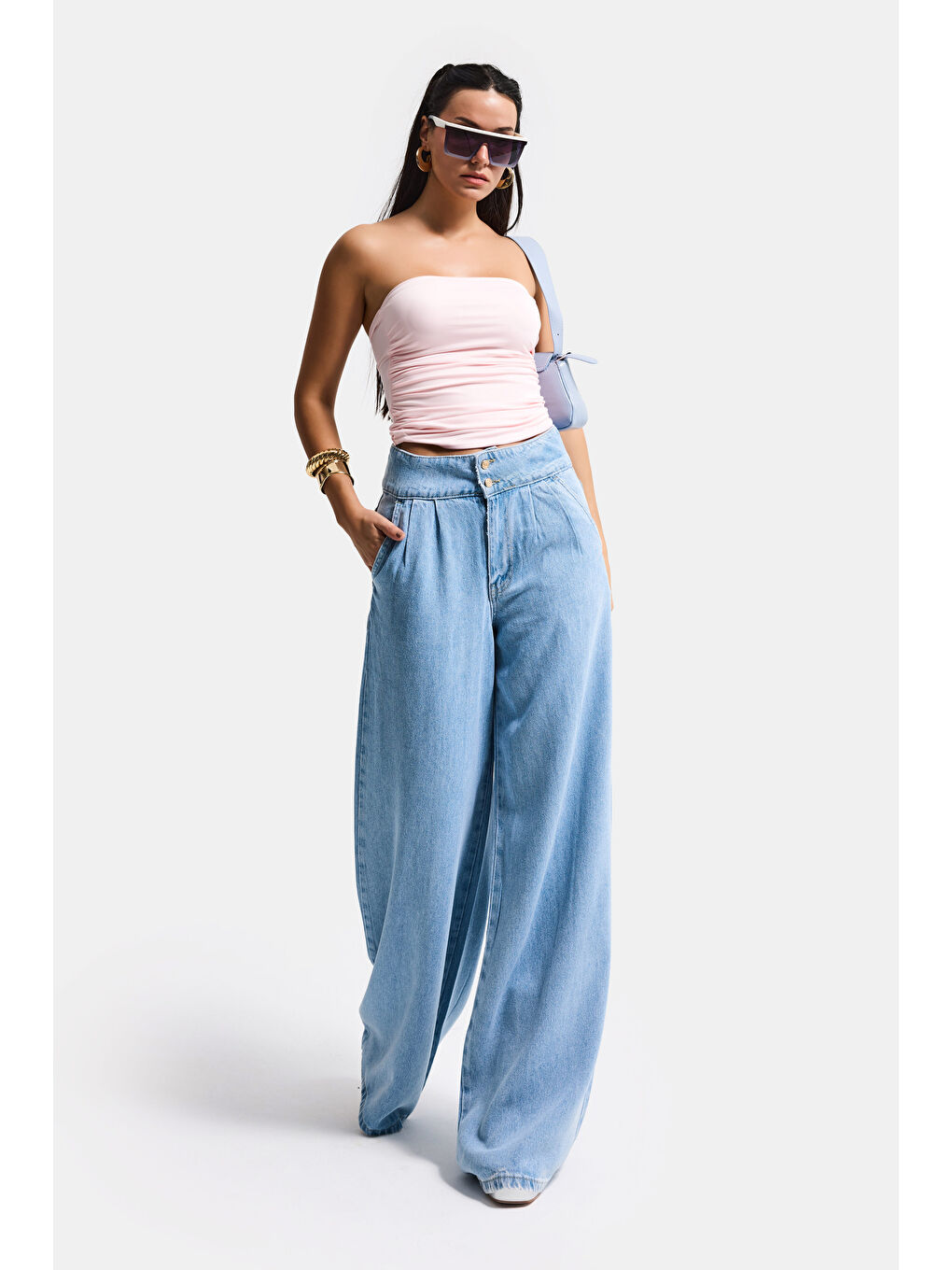 Kadın Mavi 1s6-3 Süper Palazzo Fit Viskon Özel Kumaş Dökümlü Denim Jean-1