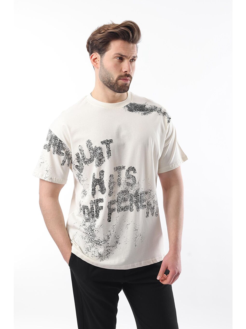 Ekru Baskılı Erkek Tişört E7115-1