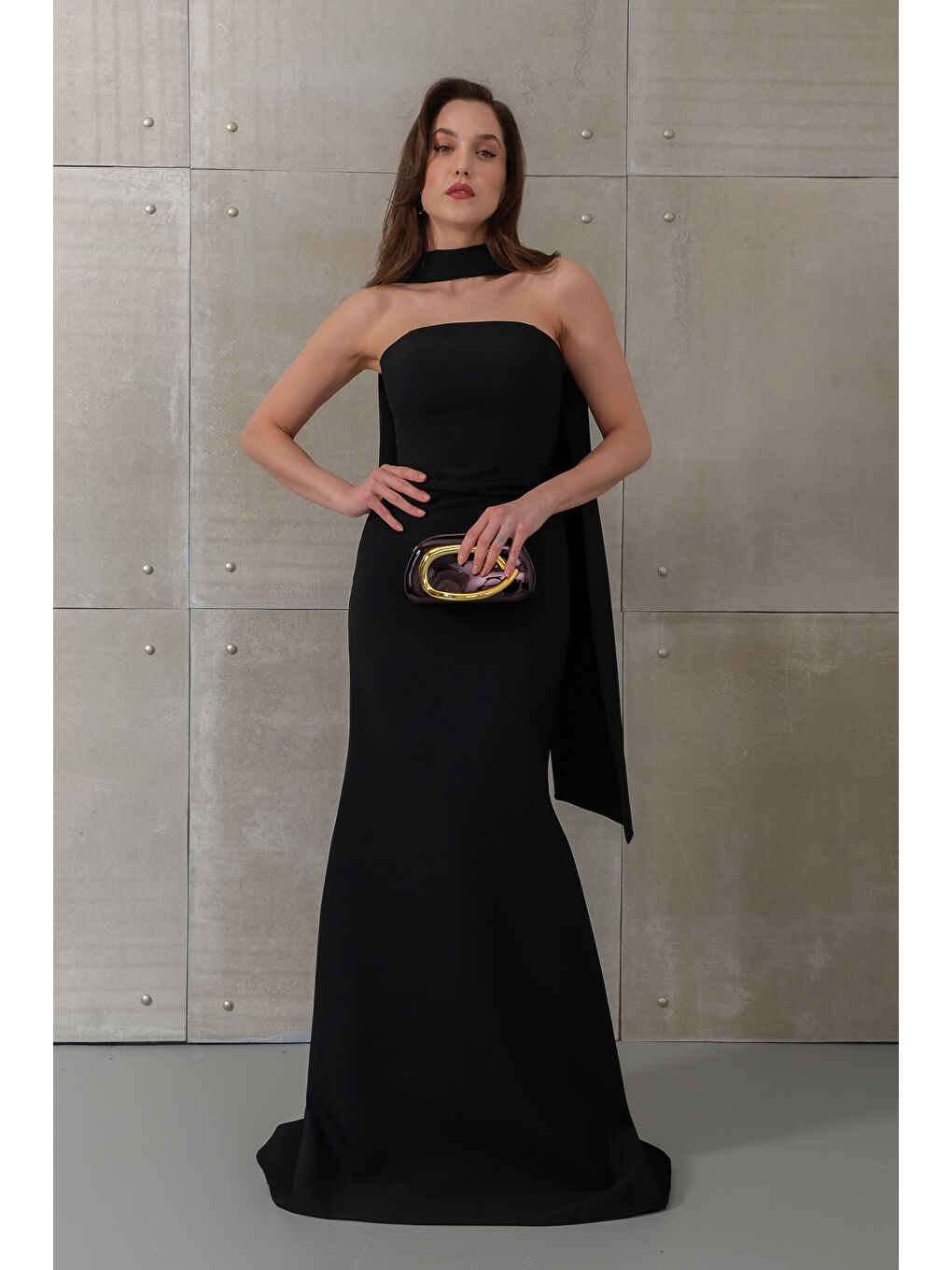 Kadın Siyah Dar Kalıp Şal Yaka Detay Uzun Abiye Elbise-1