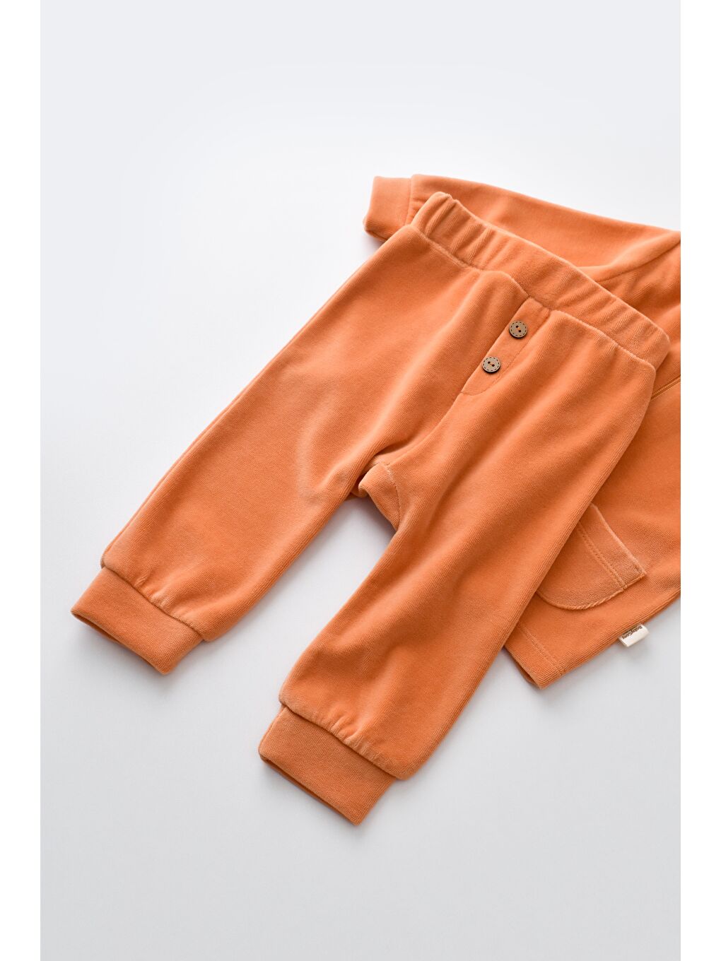 Turuncu Unisex Bebek Organik Kadife Ayıcık Kapüşonlu Alt-Üst Takım - Fermuarlı Sweat Pantolon-4