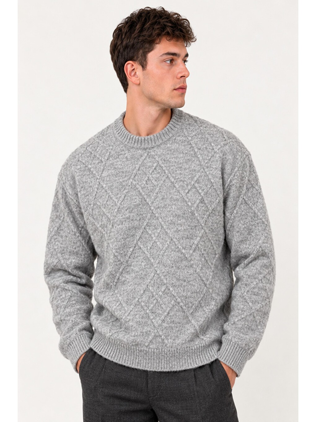 Gri Çapraz Desen Oversize Kışlık Kazak Dp 17567_10066-2
