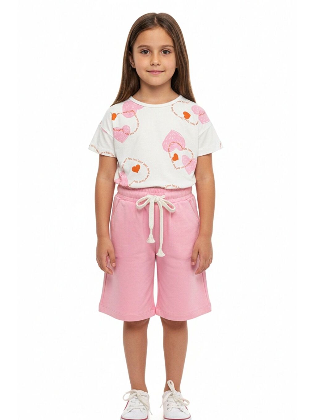 Pembe Kız Çocuk 2'li Kaprili Takım Bisiklet Yaka Düşük Omuz Kısa Kollu Baskılı Tişört - Beli Lastikli Cep