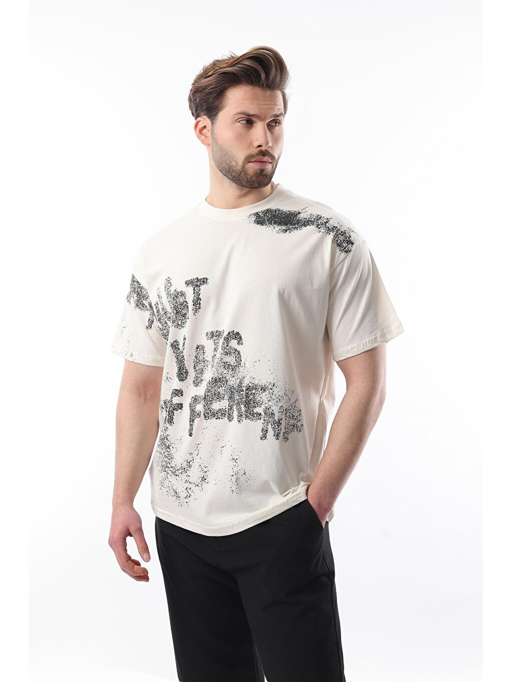 Ekru Baskılı Erkek Tişört E7115-3