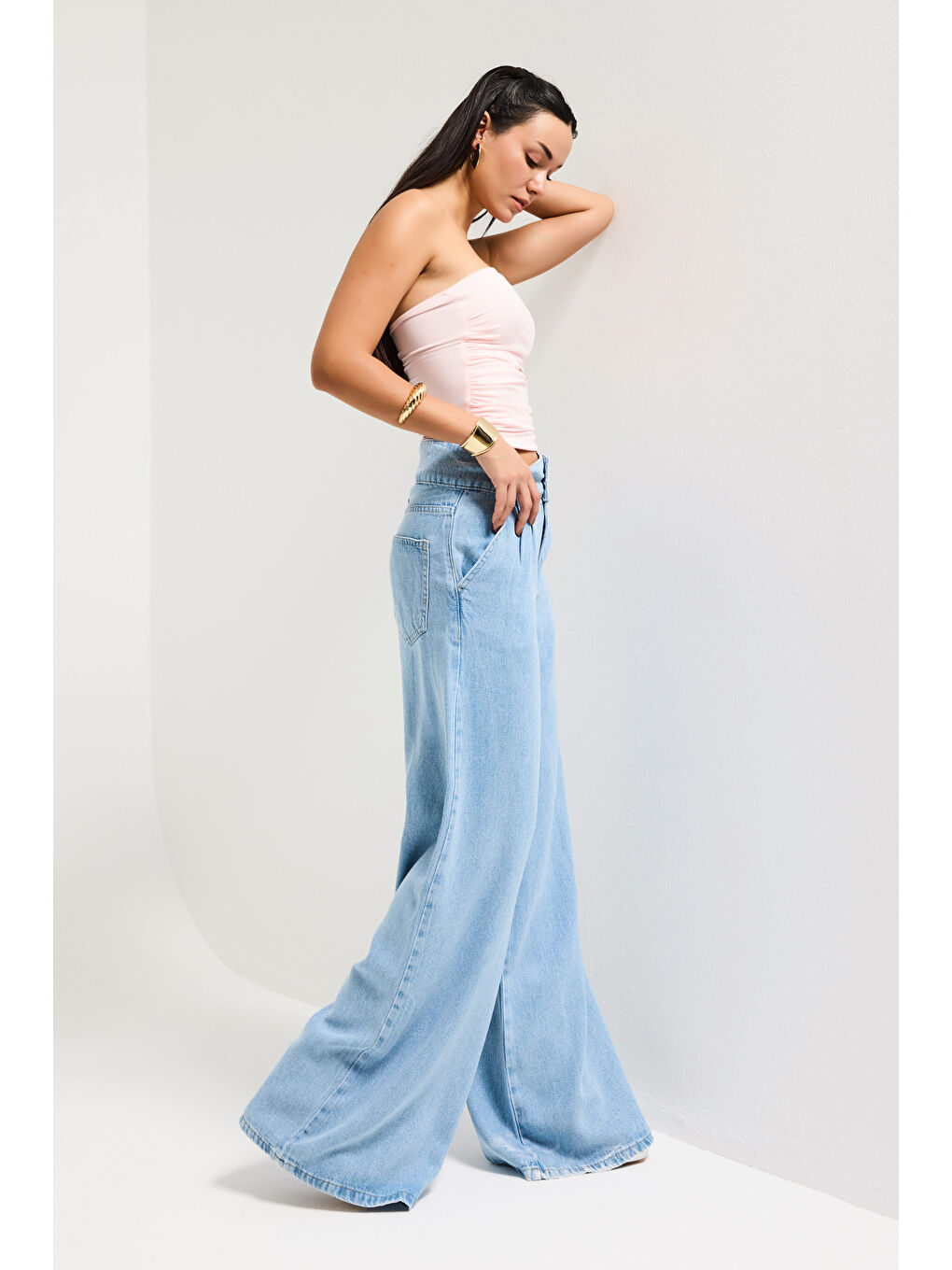 Kadın Mavi 1s6-3 Süper Palazzo Fit Viskon Özel Kumaş Dökümlü Denim Jean-3