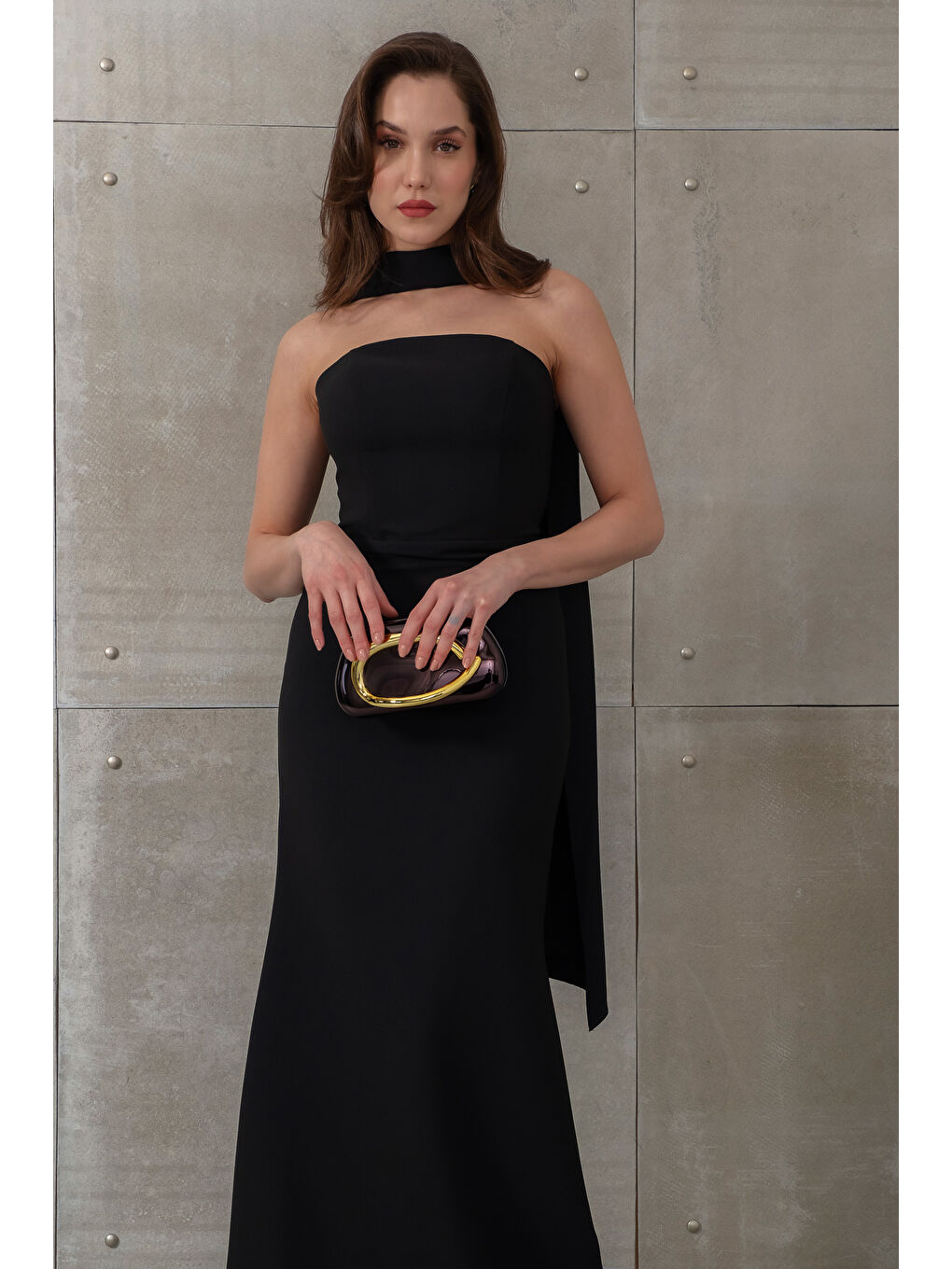 Kadın Siyah Dar Kalıp Şal Yaka Detay Uzun Abiye Elbise-2