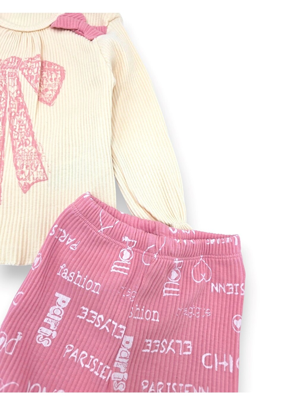 Pembe Kız Bebek Fiyonklu İnce Mevsimlik 2'li Alt Üst Bebek Takım-3