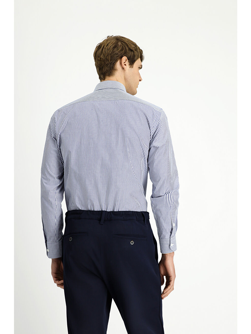 Lacivert Uzun Kol Regular Fit Çizgili Düğmeli Yaka Pamuklu Kolay Ütülenebilir Gömlek-4