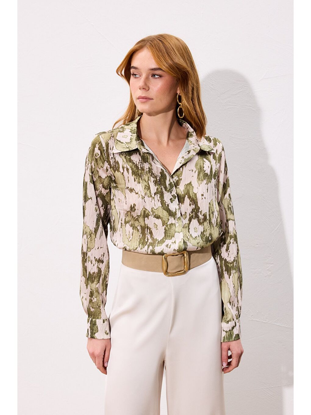 Desenli Düz Kesim Gömlek - Haki