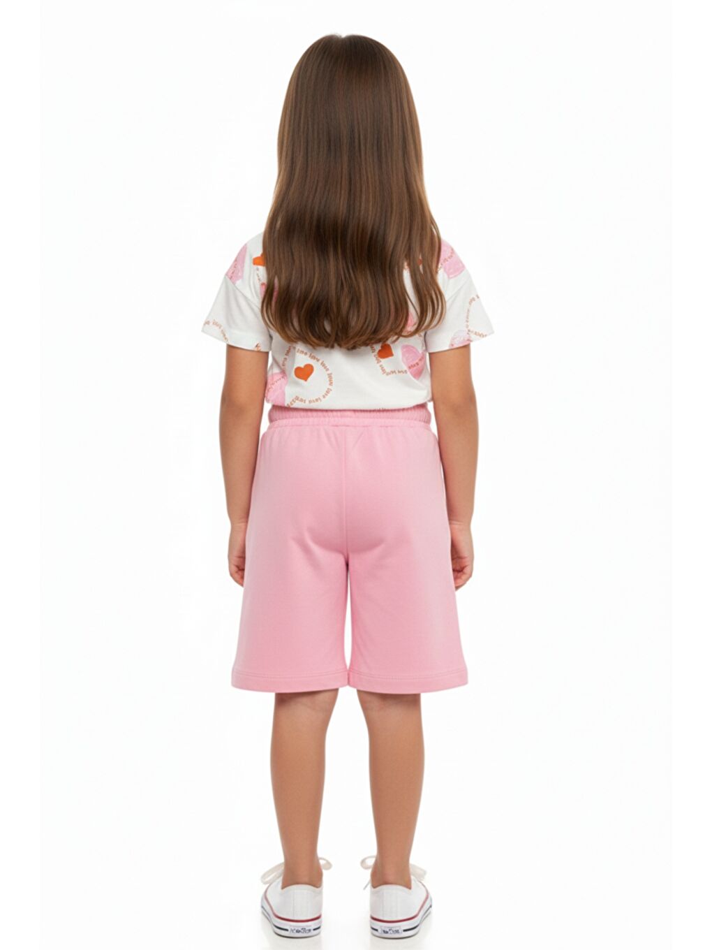 Pembe Kız Çocuk 2'li Kaprili Takım Bisiklet Yaka Düşük Omuz Kısa Kollu Baskılı Tişört - Beli Lastikli Cep-3
