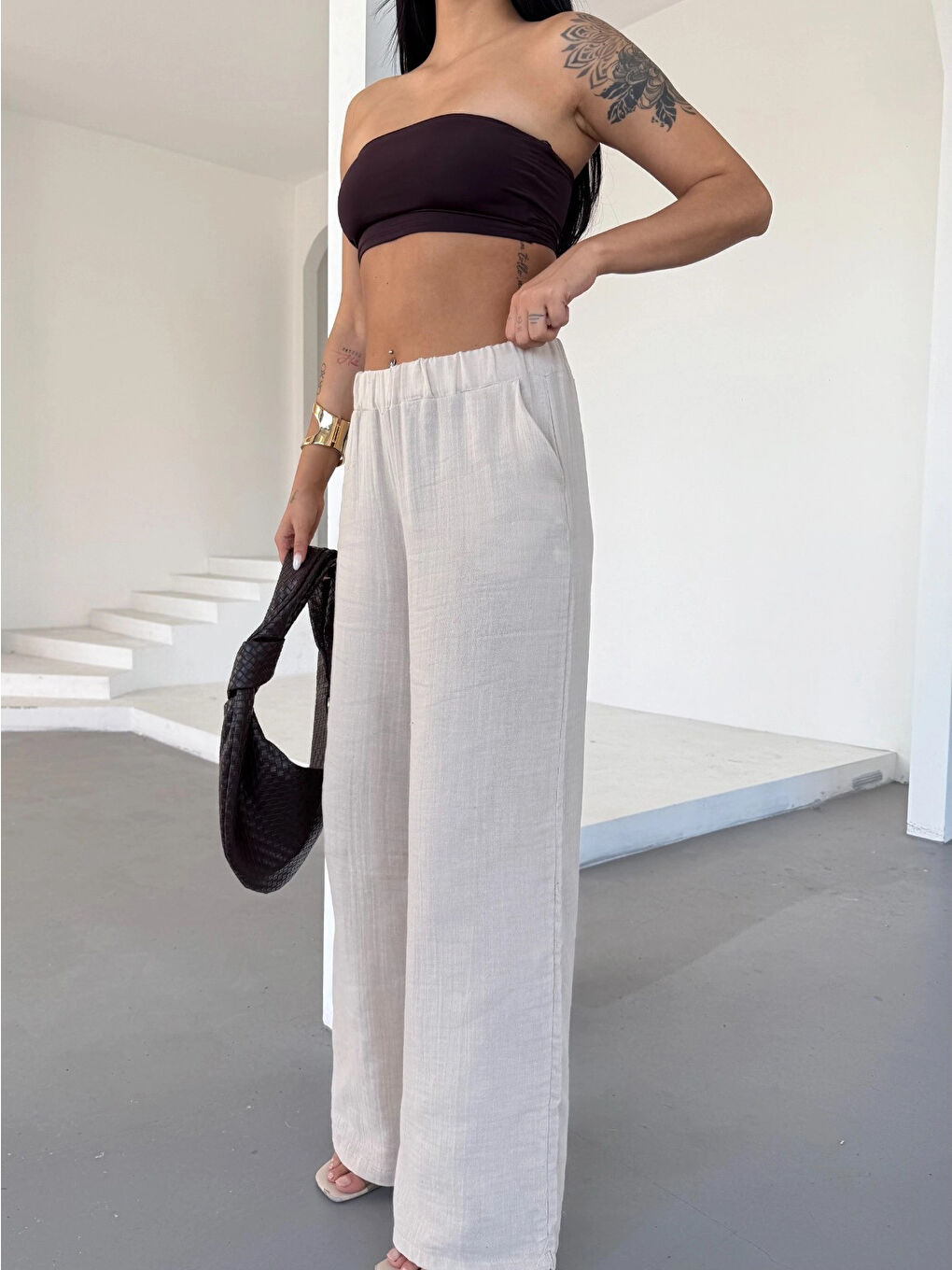 Ekru Kadın Krem Beli Lastikli Müslin Kumaş Bol Paça Pantolon HZL25S-DSB12221-1