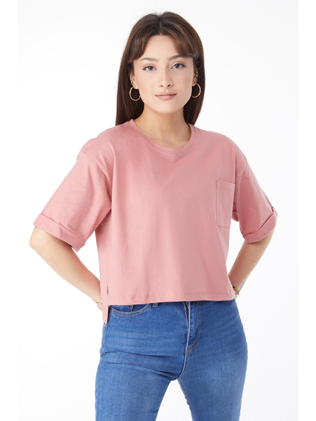 TOFİSA Pembe Düz Bisiklet Yaka Kadın Pembe Cepli Yırtmaçlı T-shirt - 24790