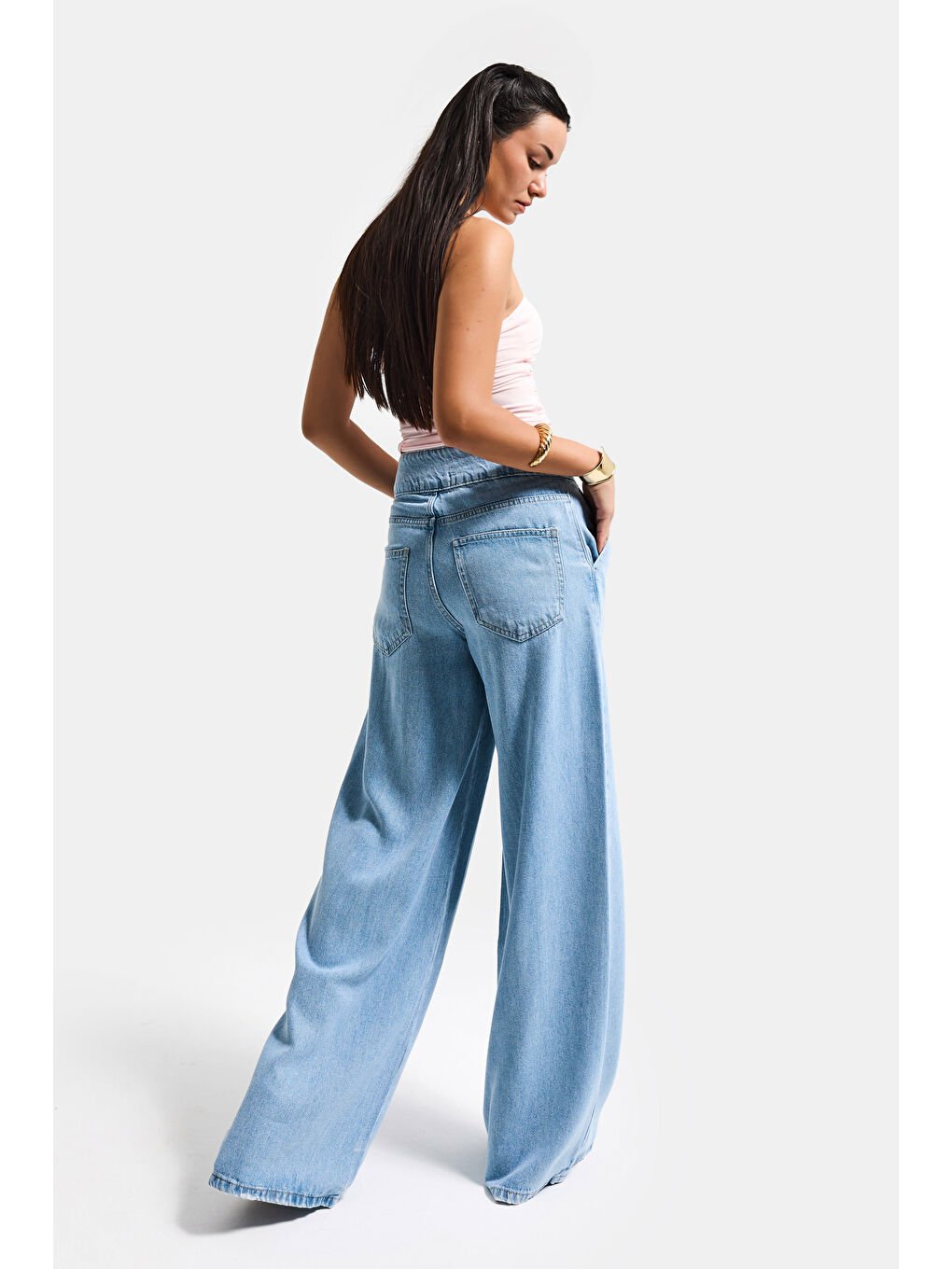 Kadın Mavi 1s6-3 Süper Palazzo Fit Viskon Özel Kumaş Dökümlü Denim Jean-5