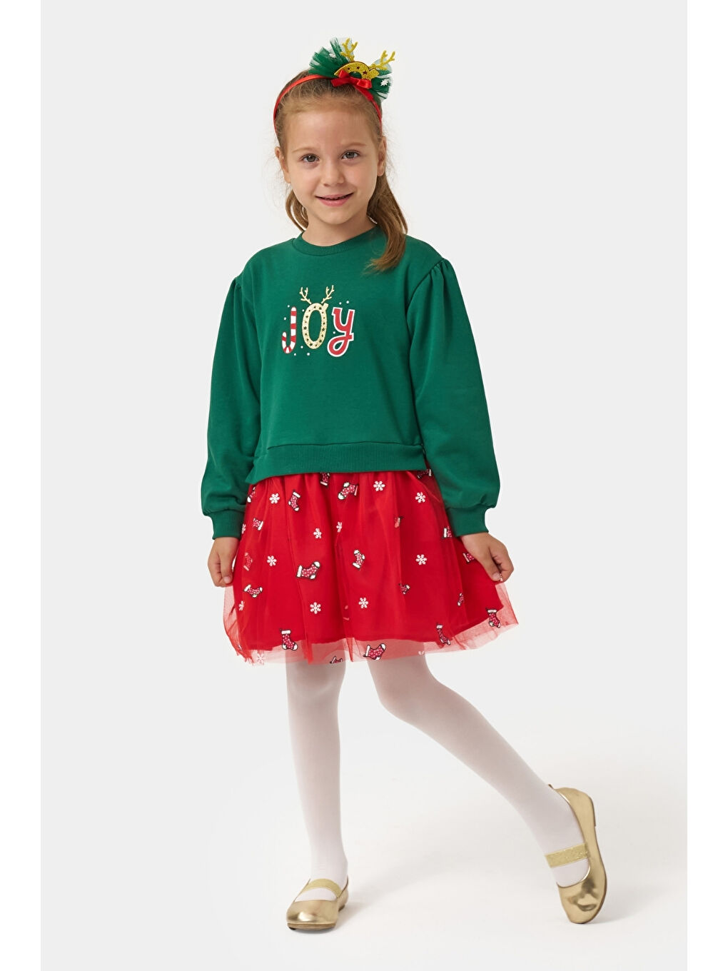 Yeşil  Joy Baskılı Tül Etekli Kız Çocuk Elbise - Fragile