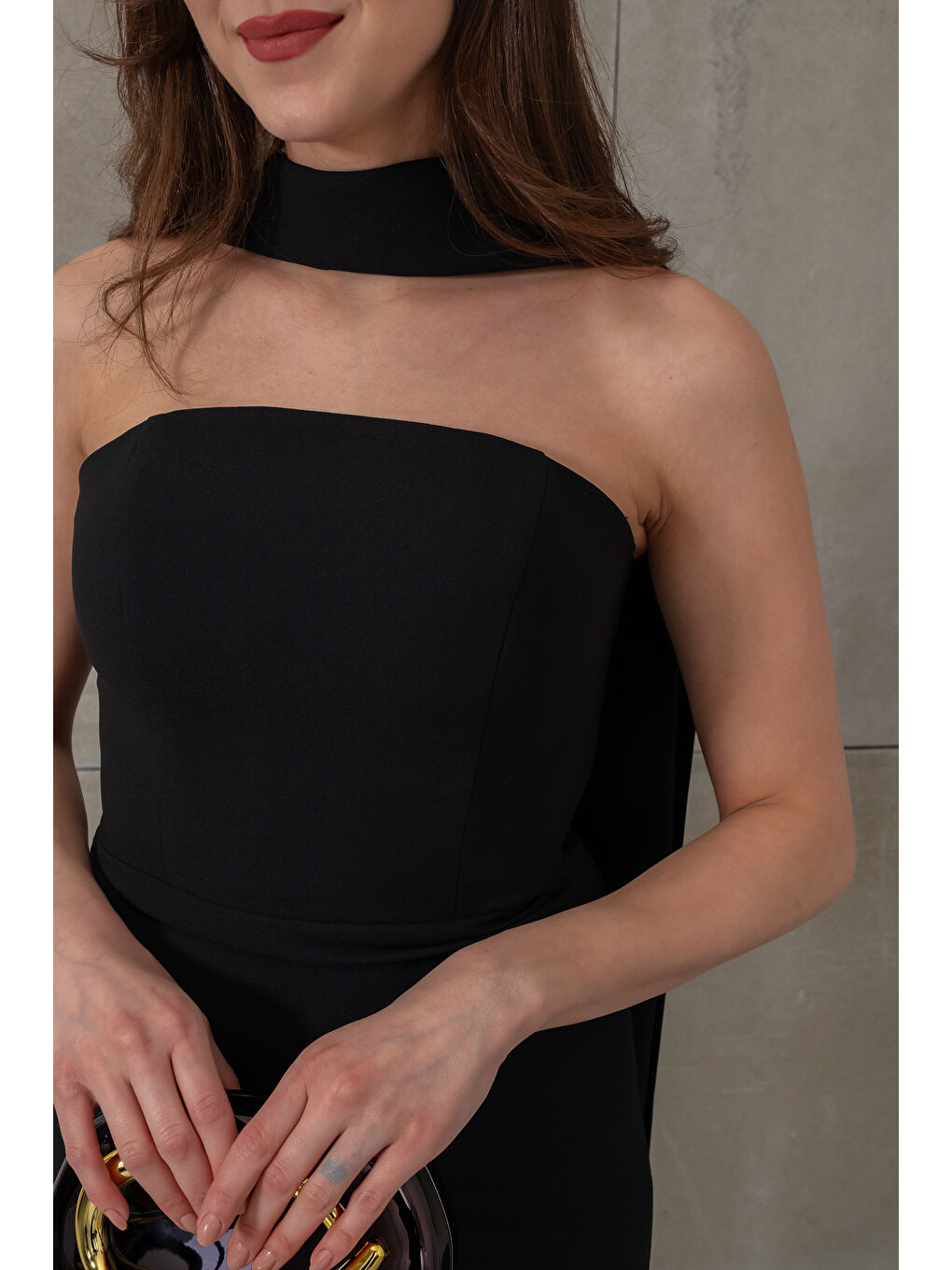 Kadın Siyah Dar Kalıp Şal Yaka Detay Uzun Abiye Elbise-3