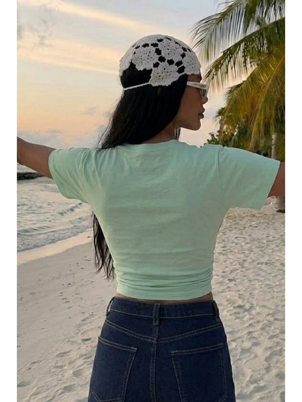 Yeşil Kadın Yarasa Kollu Dar Çağla Crop Tişört-4