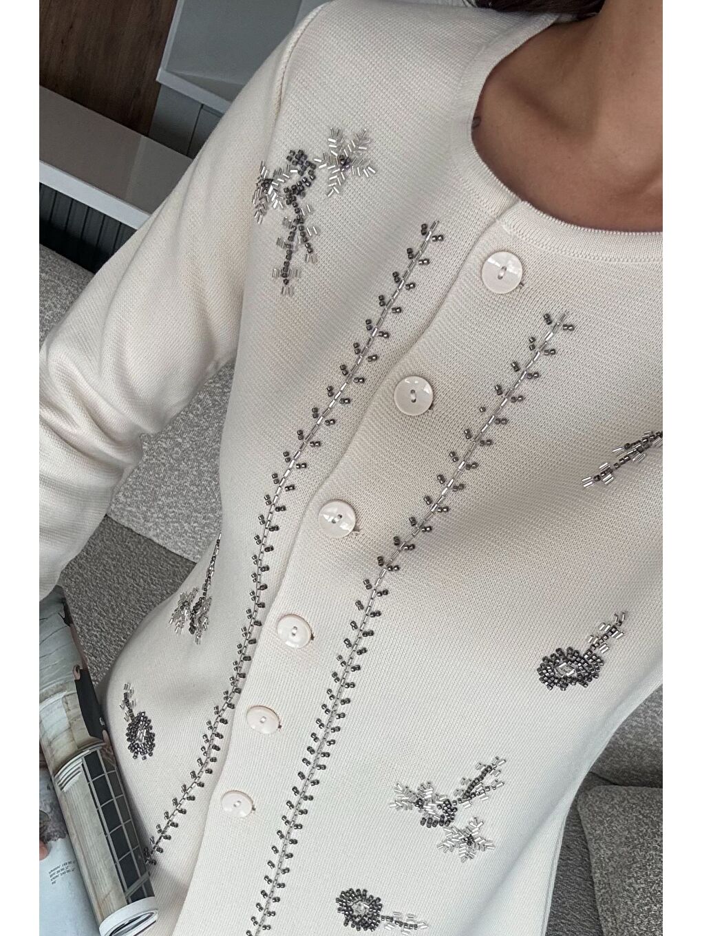 Ekru Kadın Taşlı Triko Hırka Pantolon İkili Takım-3