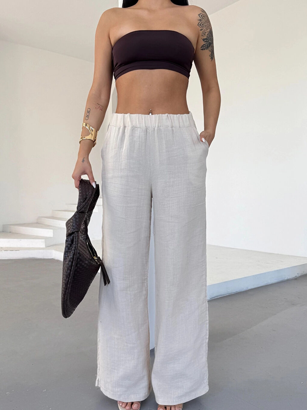 Ekru Kadın Krem Beli Lastikli Müslin Kumaş Bol Paça Pantolon HZL25S-DSB12221-2