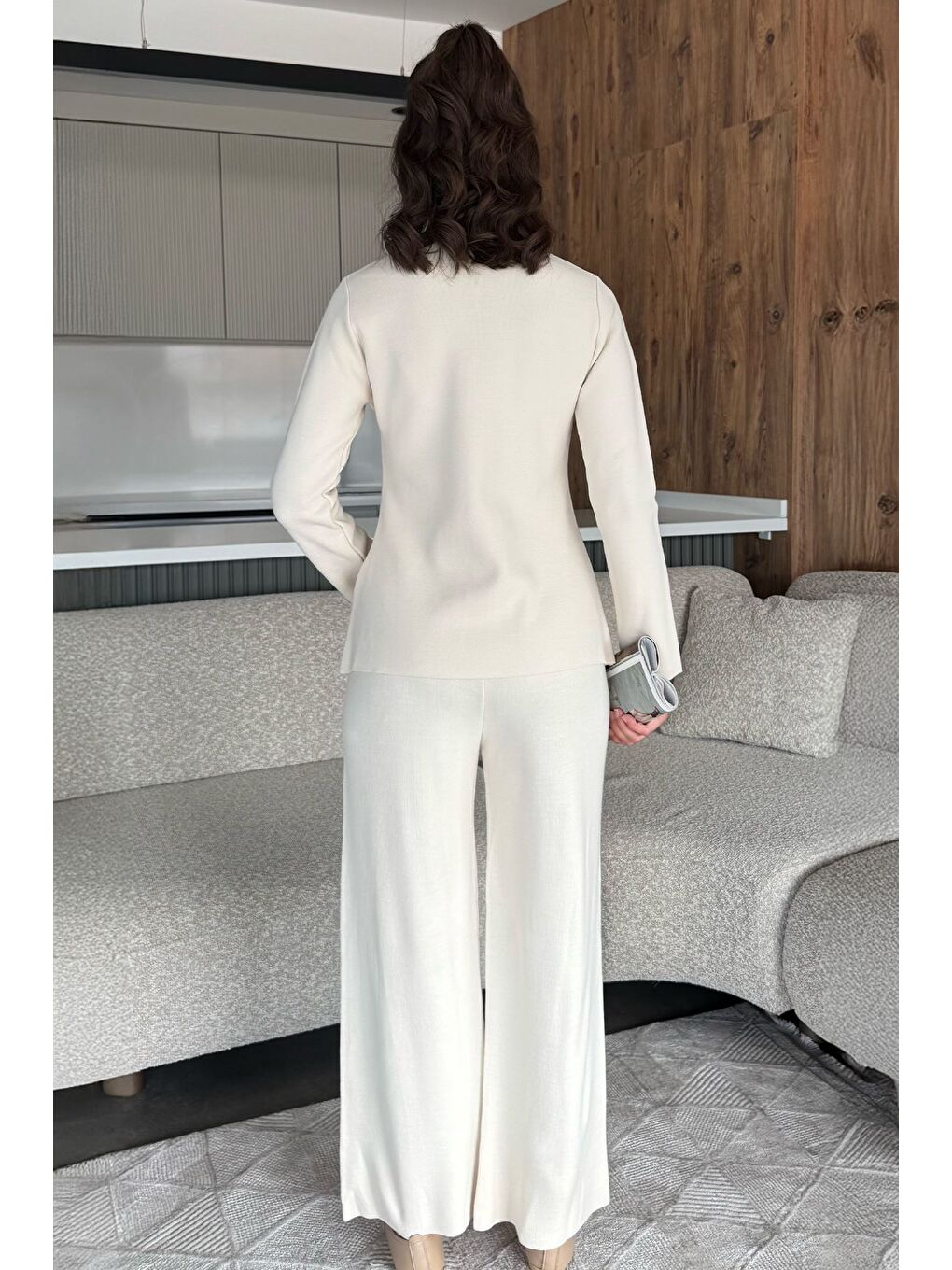 Ekru Kadın Taşlı Triko Hırka Pantolon İkili Takım-4