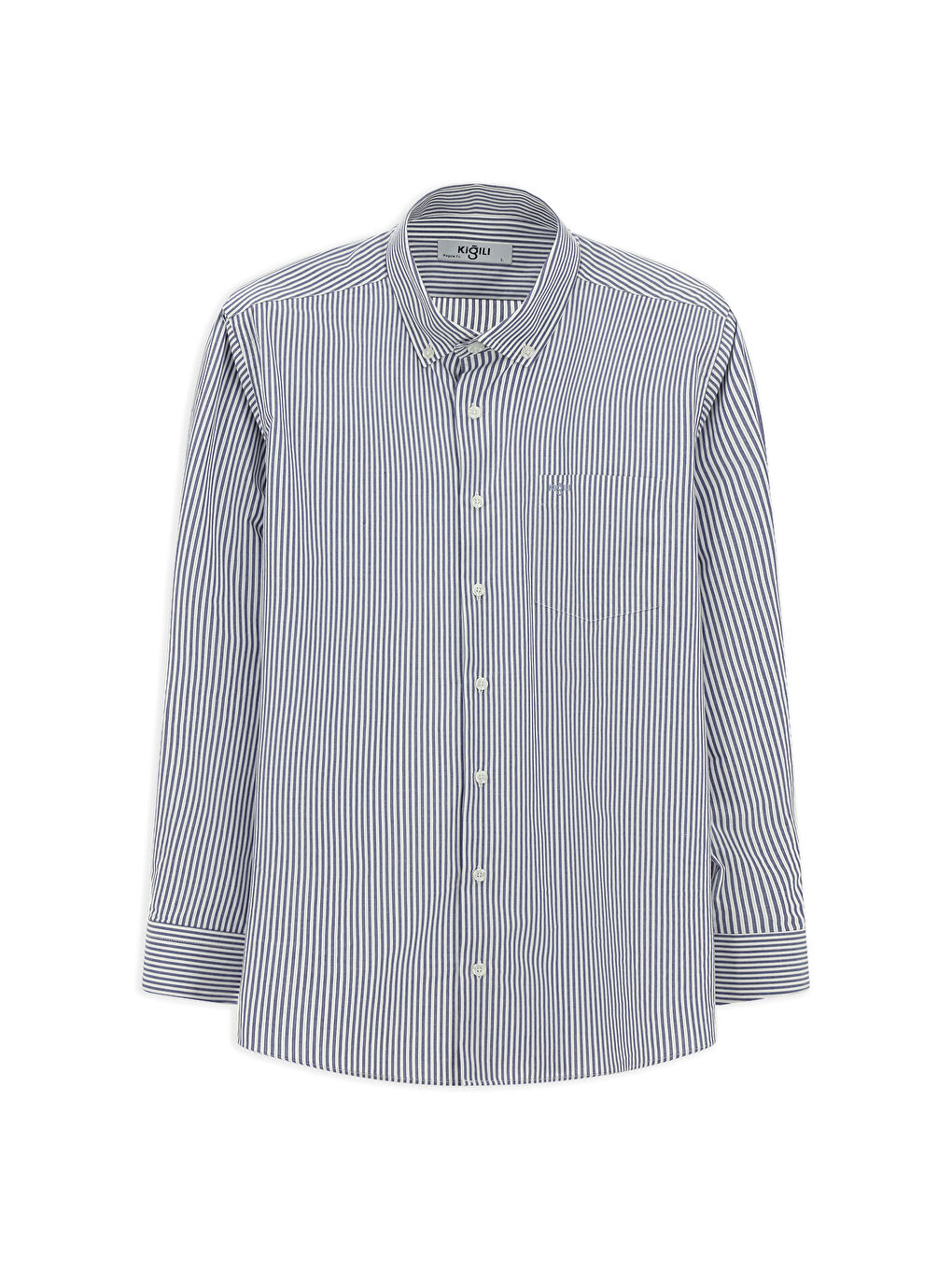 Lacivert Uzun Kol Regular Fit Çizgili Düğmeli Yaka Pamuklu Kolay Ütülenebilir Gömlek-6