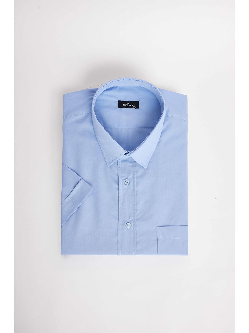 Büyük Beden Kısa Kollu Düz Kravatlık Kolay Ütülenebilir Mavi Erkek Gömlek