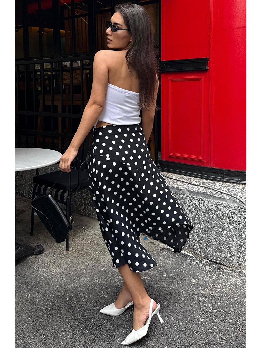 Siyah Puantiyeli Asimetrik Kadın Etek Mg2698-1