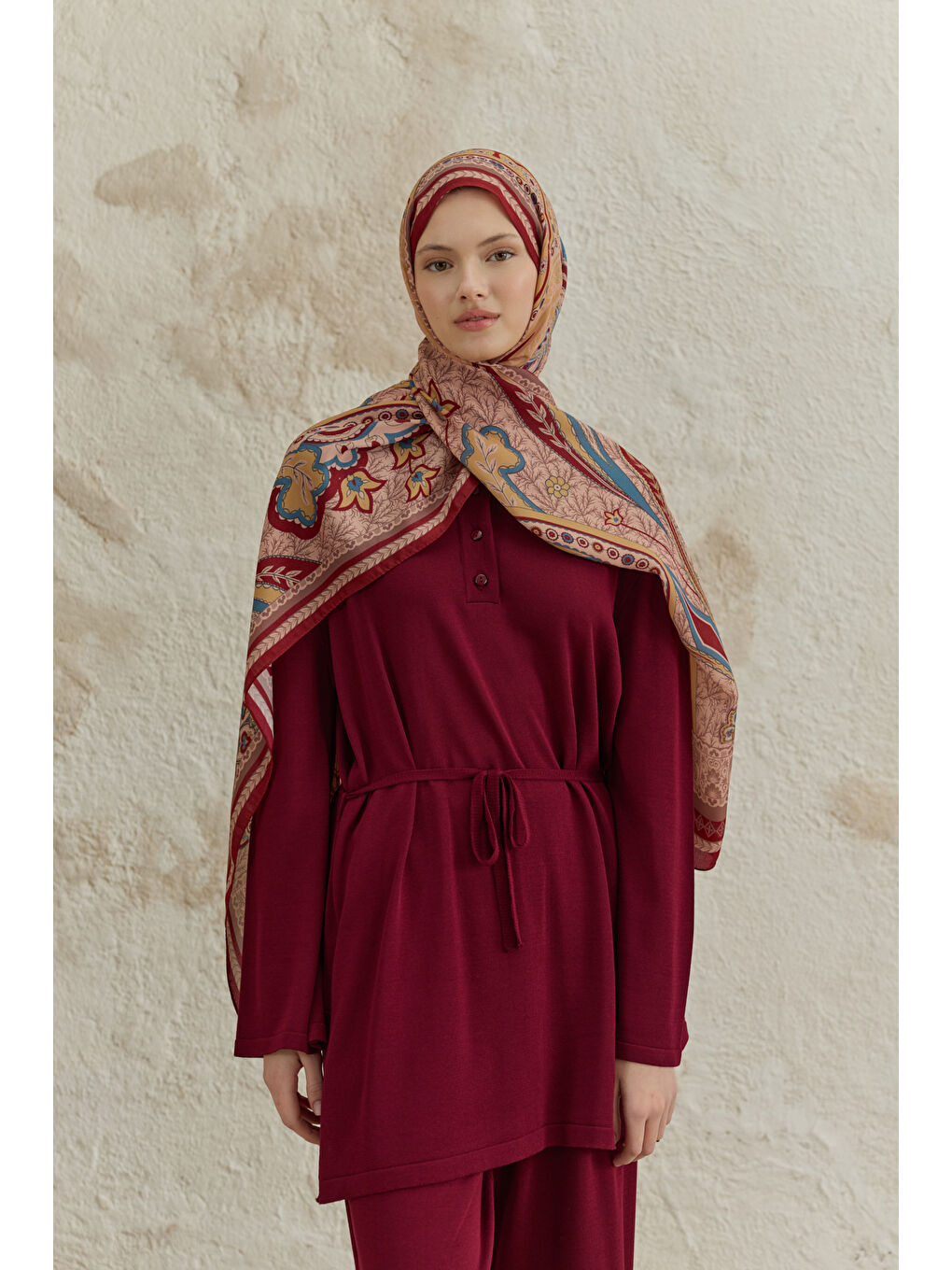 Cupra Prive Desenli Şal Blossom Bordo-1