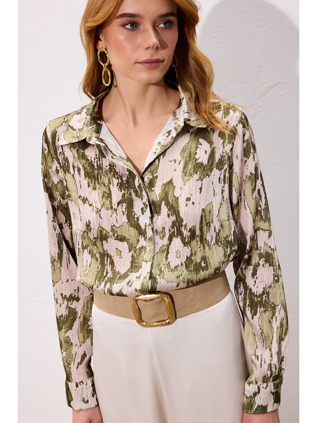 Desenli Düz Kesim Gömlek - Haki-4