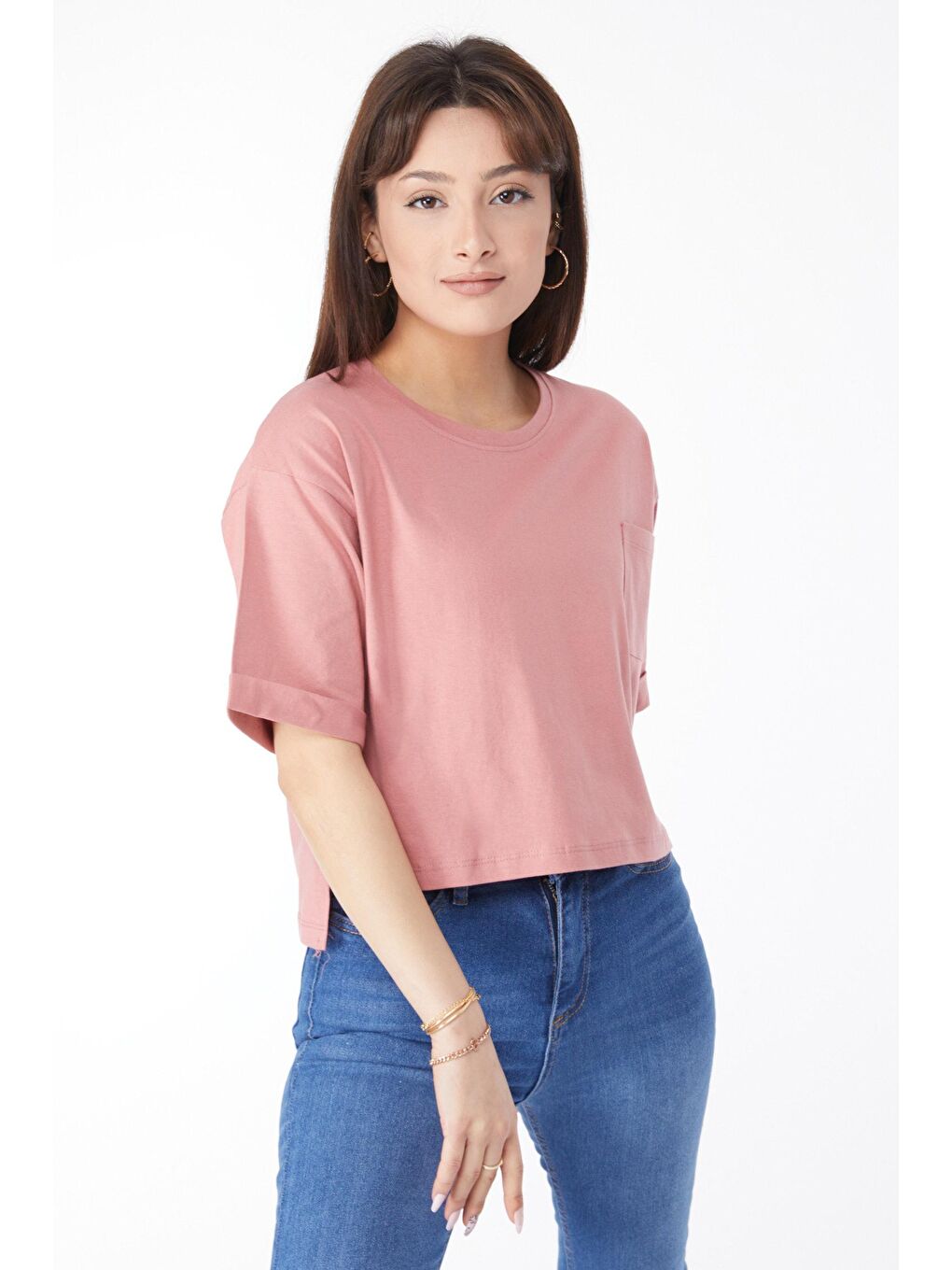 TOFİSA Pembe Düz Bisiklet Yaka Kadın Pembe Cepli Yırtmaçlı T-shirt - 24790 - 2