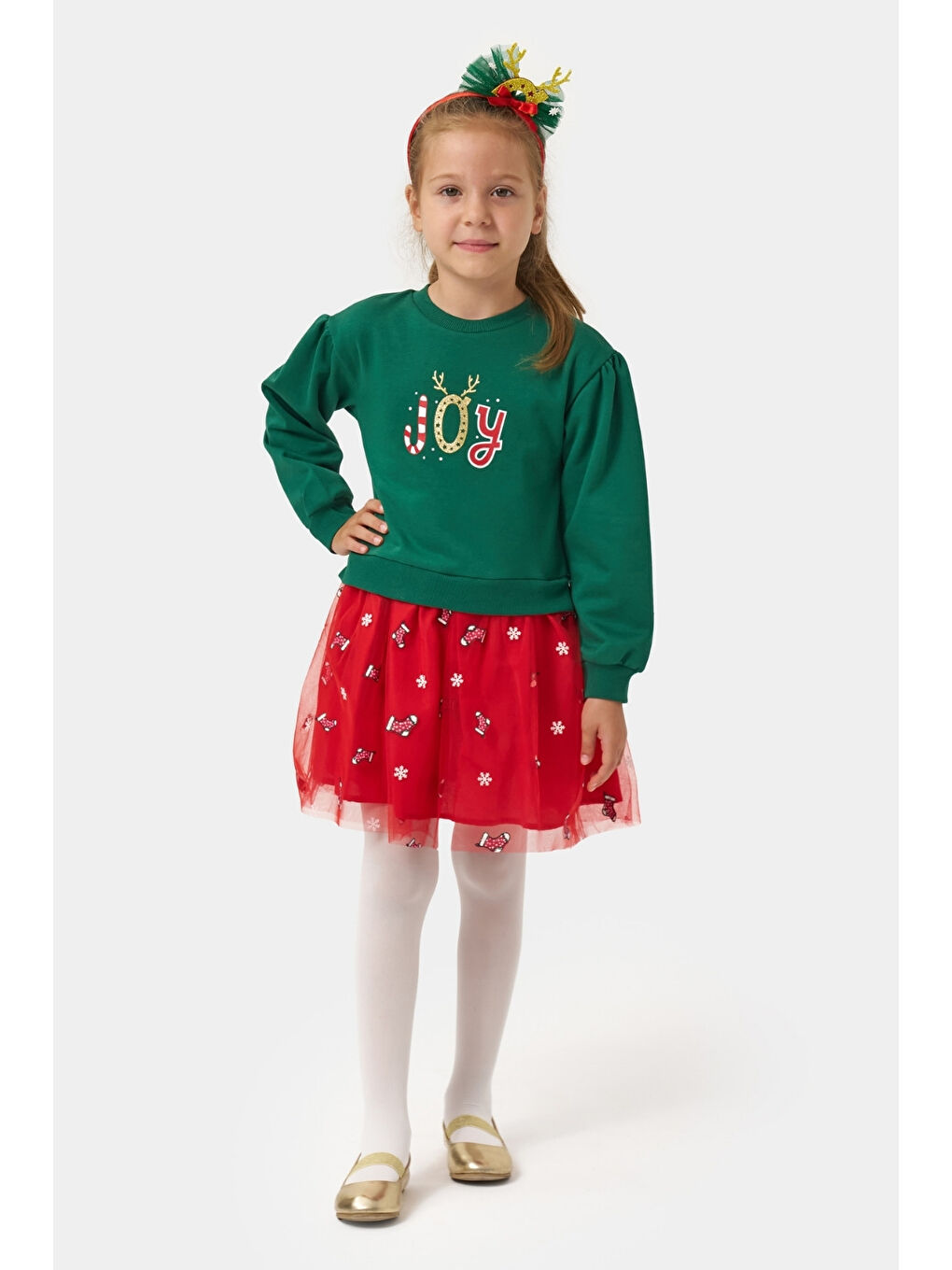 Yeşil  Joy Baskılı Tül Etekli Kız Çocuk Elbise - Fragile-1
