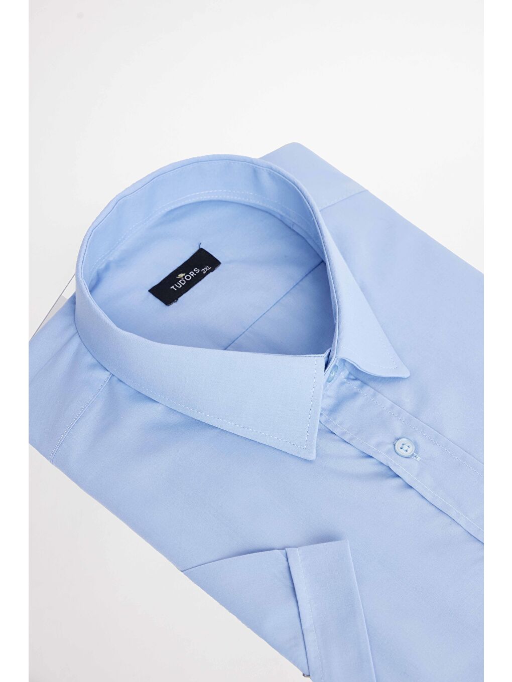 Büyük Beden Kısa Kollu Düz Kravatlık Kolay Ütülenebilir Mavi Erkek Gömlek-1