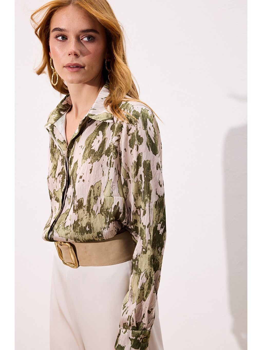 Desenli Düz Kesim Gömlek - Haki-5