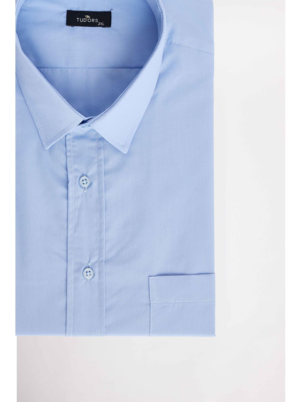 Büyük Beden Kısa Kollu Düz Kravatlık Kolay Ütülenebilir Mavi Erkek Gömlek-2