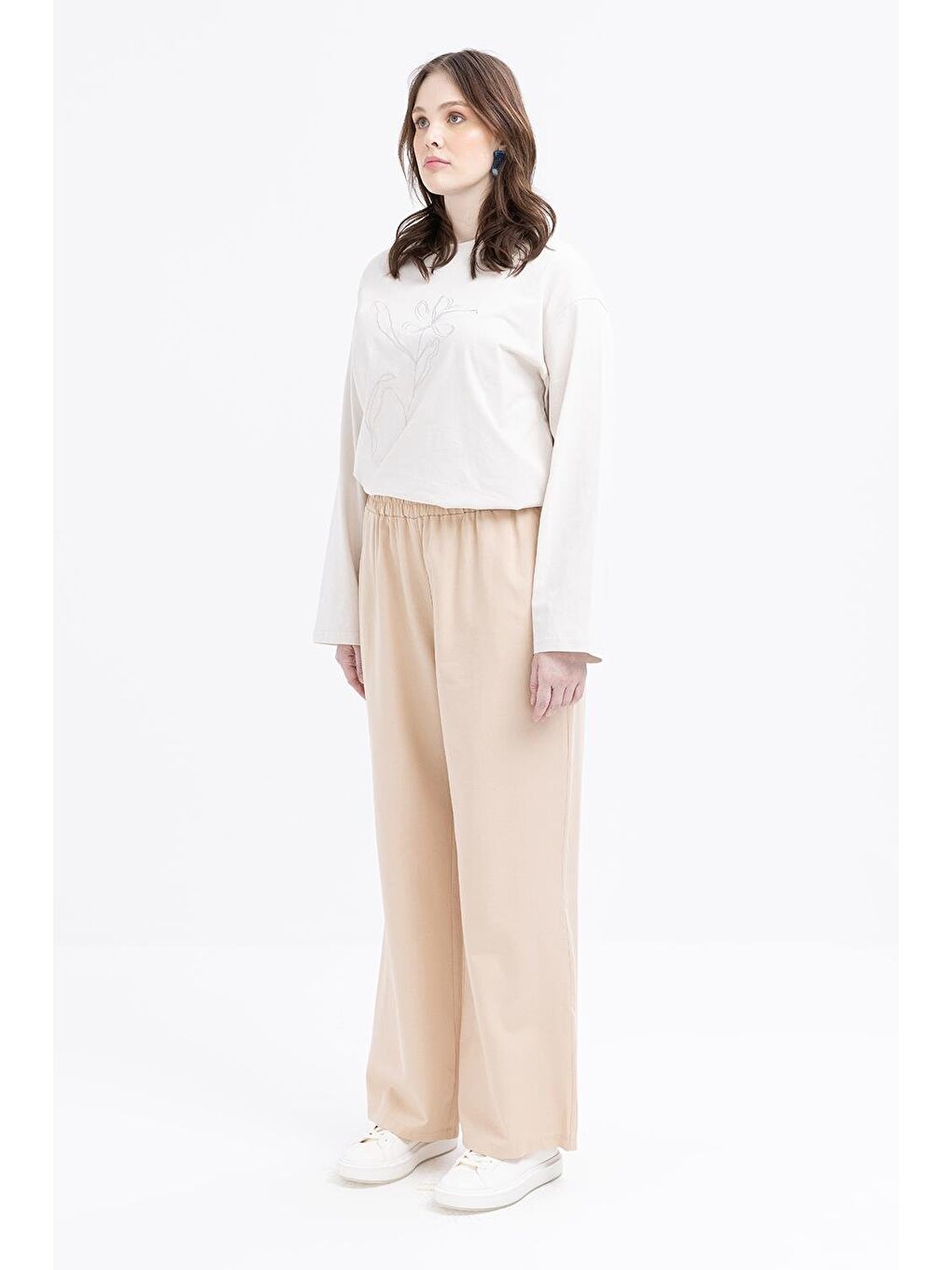 Bej-Büyük Beden Beli Lastikli Geniş Paça Keten Pantolon-1